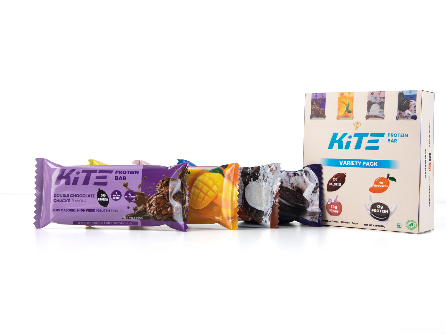 KiTE 20g Protein Bar (4 Bars, Variety Pack, No Added Sugar) | 170 cals | 4 Net Carbs | High fiber | Zero Added Sugar Protein Bars | High Protein Isolates | Made with Theobroma Cocoa butter |