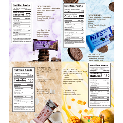 KiTE 20g Protein Bar (4 Bars, Variety Pack, No Added Sugar) | 170 cals | 4 Net Carbs | High fiber | Zero Added Sugar Protein Bars | High Protein Isolates  | Made with Theobroma Cocoa butter |